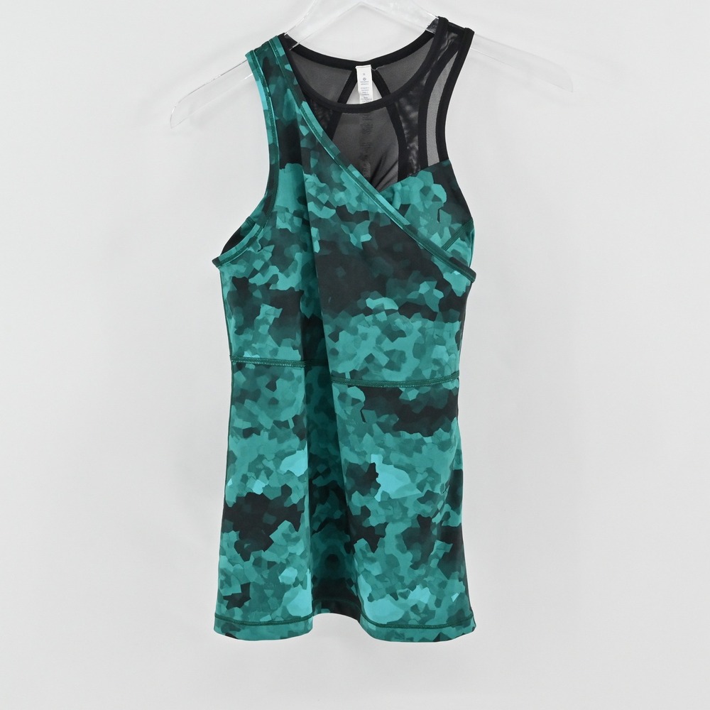 Lululemon Meshed Up Tank Top Womens Size 10 Green Black Clouded Dreams Racerback